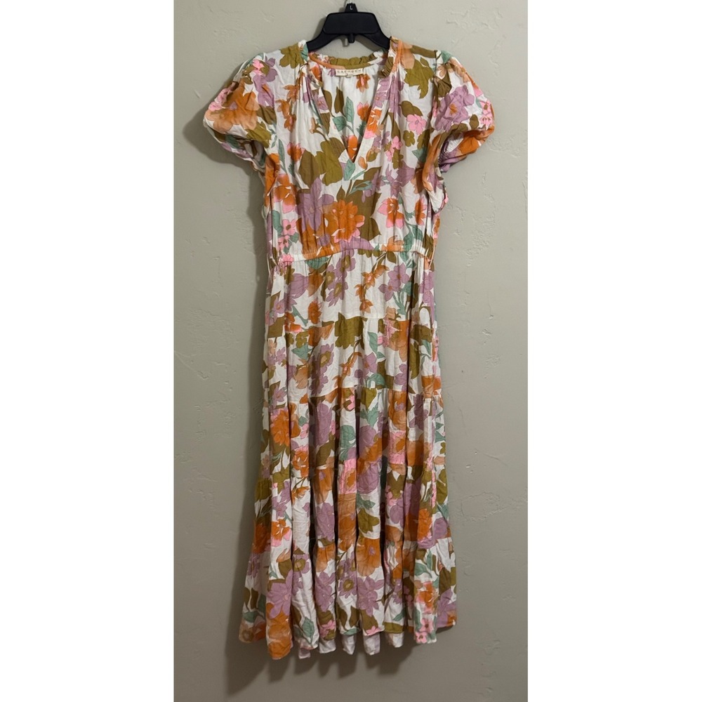 LAROQUE Original Dress L Floral Tiered Midi Boho Puff Sleeve V Neck